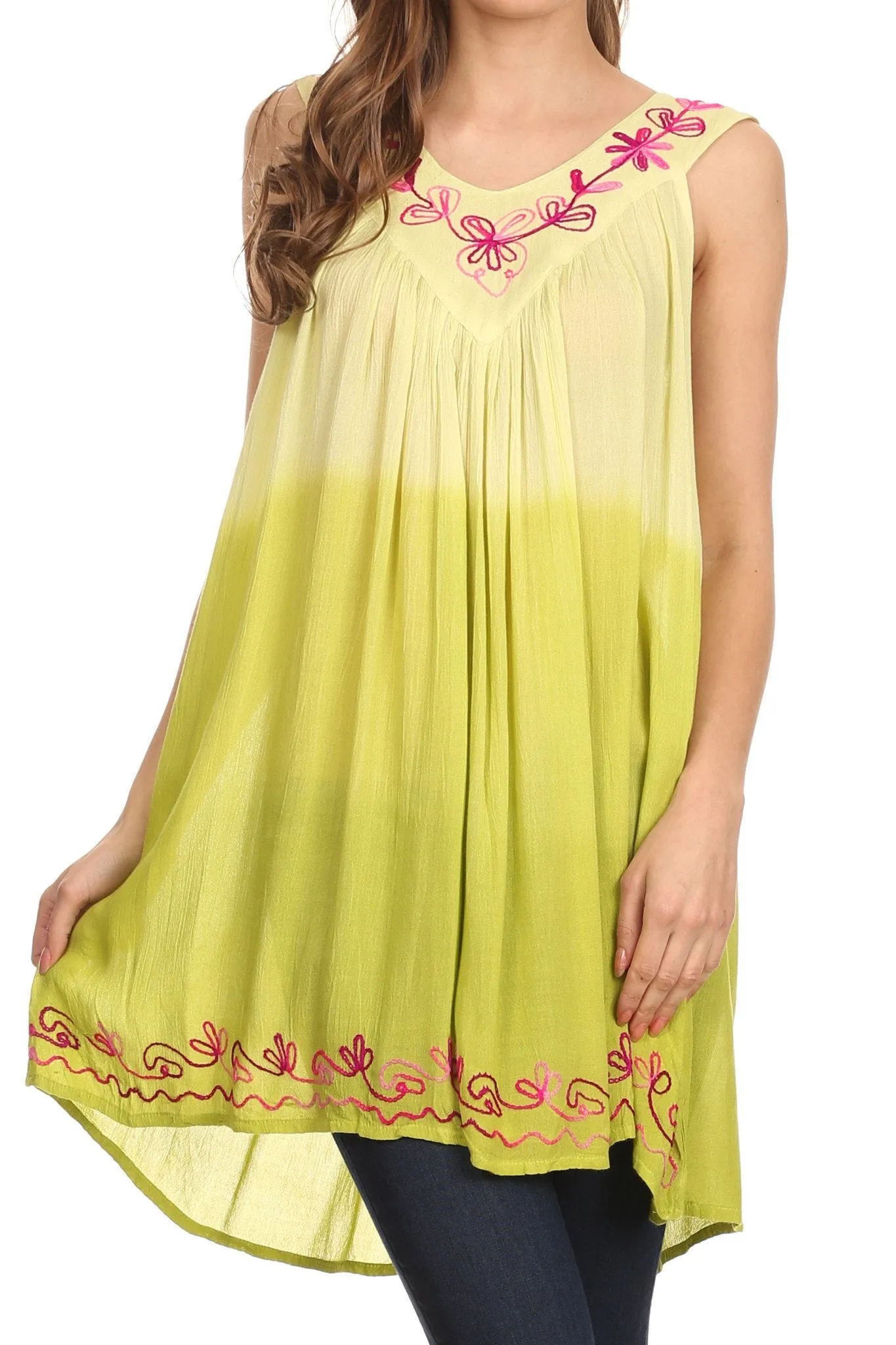 Sakkas Melina Ombre Sleeveless Embroidered V-neck Rayon Top / Blouse