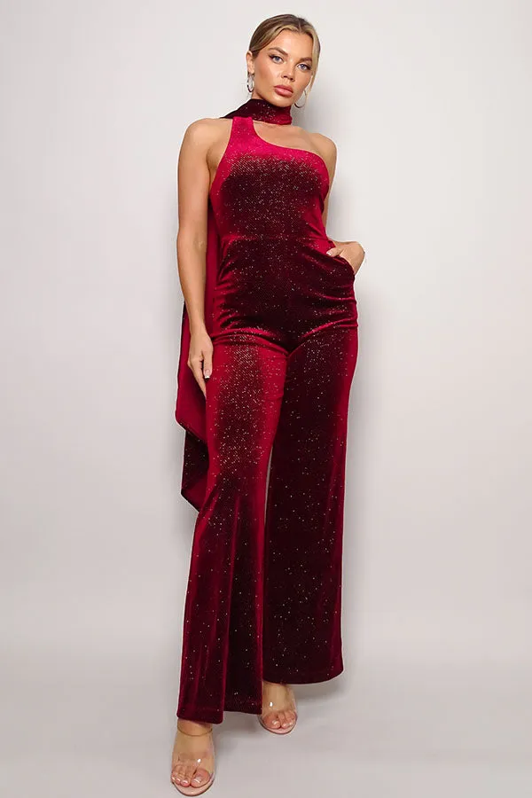 Scarf Top Glitter Velvet Jumpsuit - 3 colors