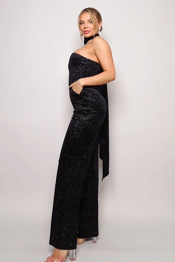 Scarf Top Glitter Velvet Jumpsuit - 3 colors