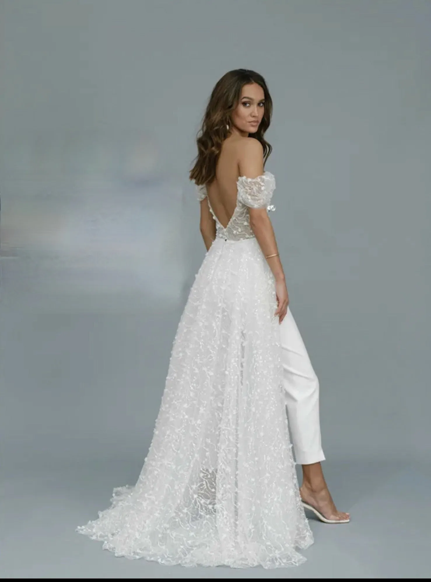 Sexy Wedding Jumpsuit with Long Train 3D Lace Bridal Pants Suit