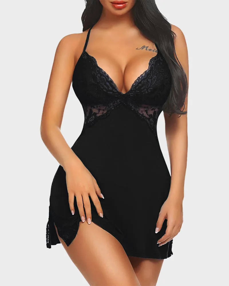 SheCurve® Lace Trim Slit Sleep Dress Babydoll Teddy Lingerie