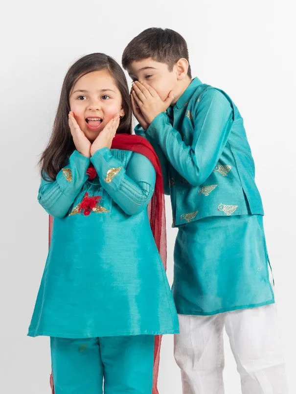 Siblings Set - Teal Chanderi Embroidered Kurta Set