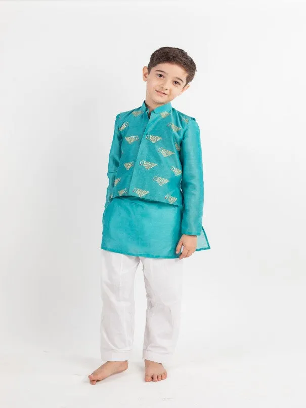 Siblings Set - Teal Chanderi Embroidered Kurta Set