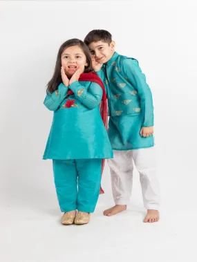 Siblings Set - Teal Chanderi Embroidered Kurta Set