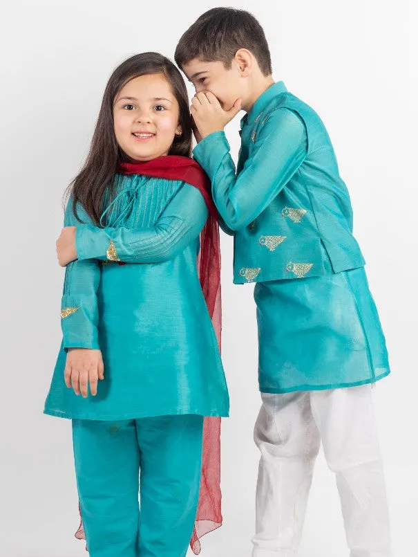 Siblings Set - Teal Chanderi Embroidered Kurta Set