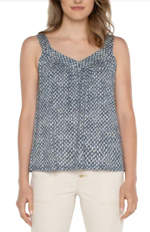 Sleeveless Easy Fit Tank w/ Smocking - Navy