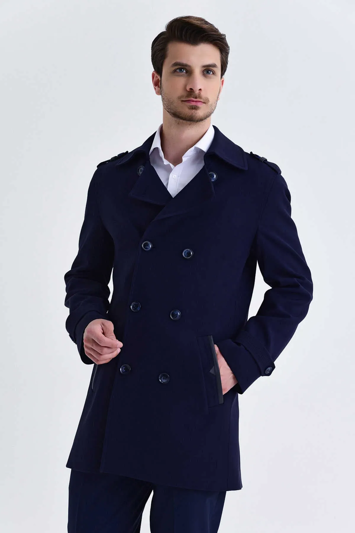 Slim Fit Notch Lapel Versus Wool Navy Long Coat, Navy