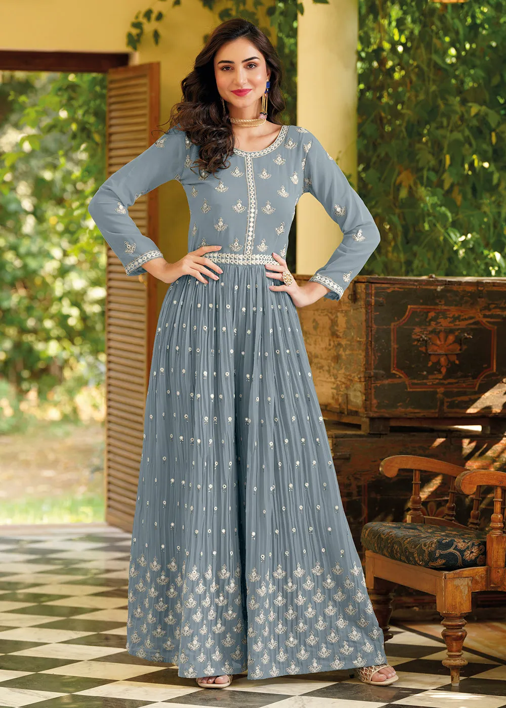 Soft Blue Indo-Western Embroidered Georgette Jumpsuit