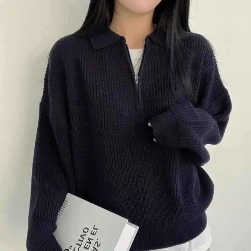 Solid Color Half Zipper Polo Collar Loose Pullover Sweater