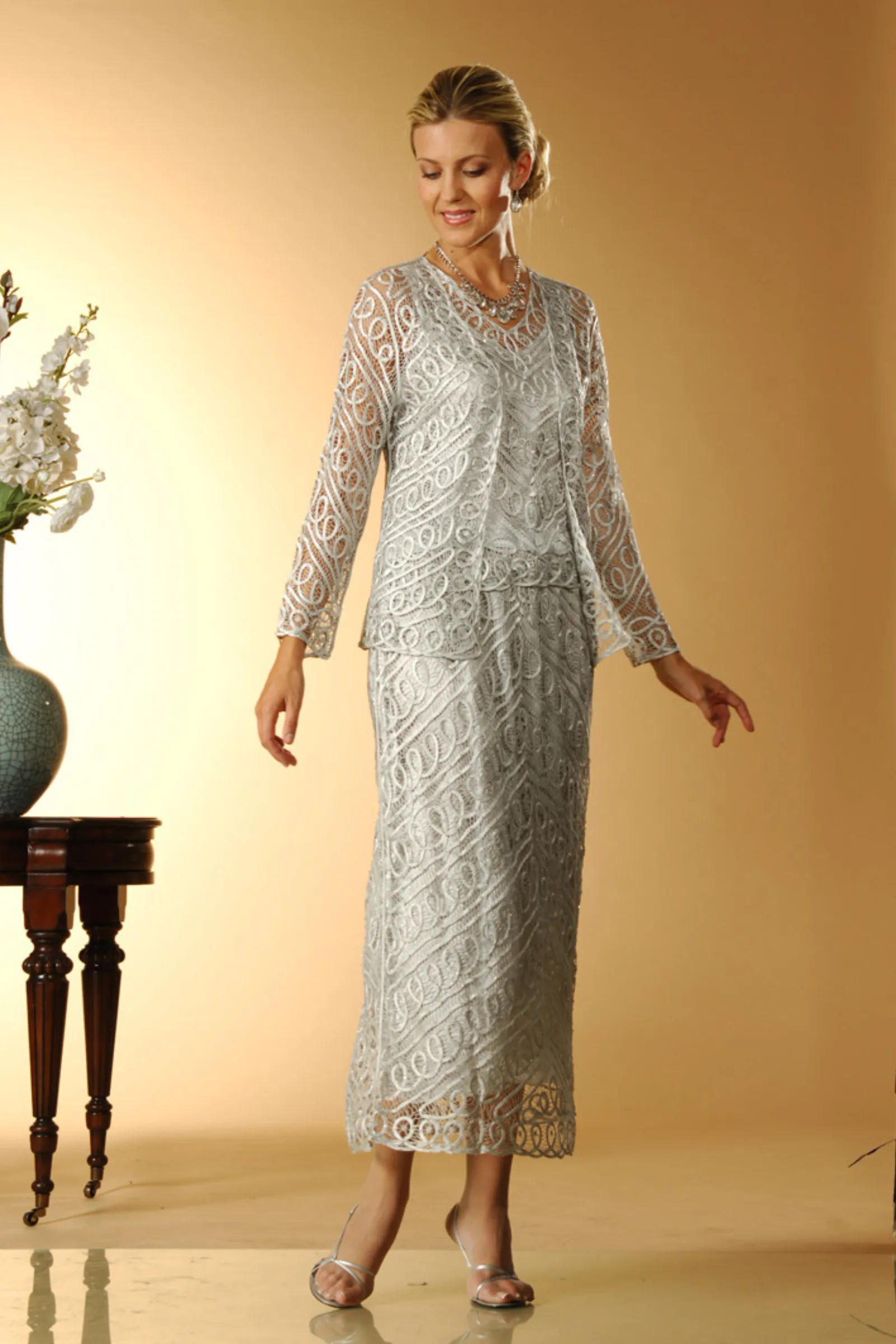 Soulmates C6184 Silk Lace Beaded Jacket Top and Skirt Set