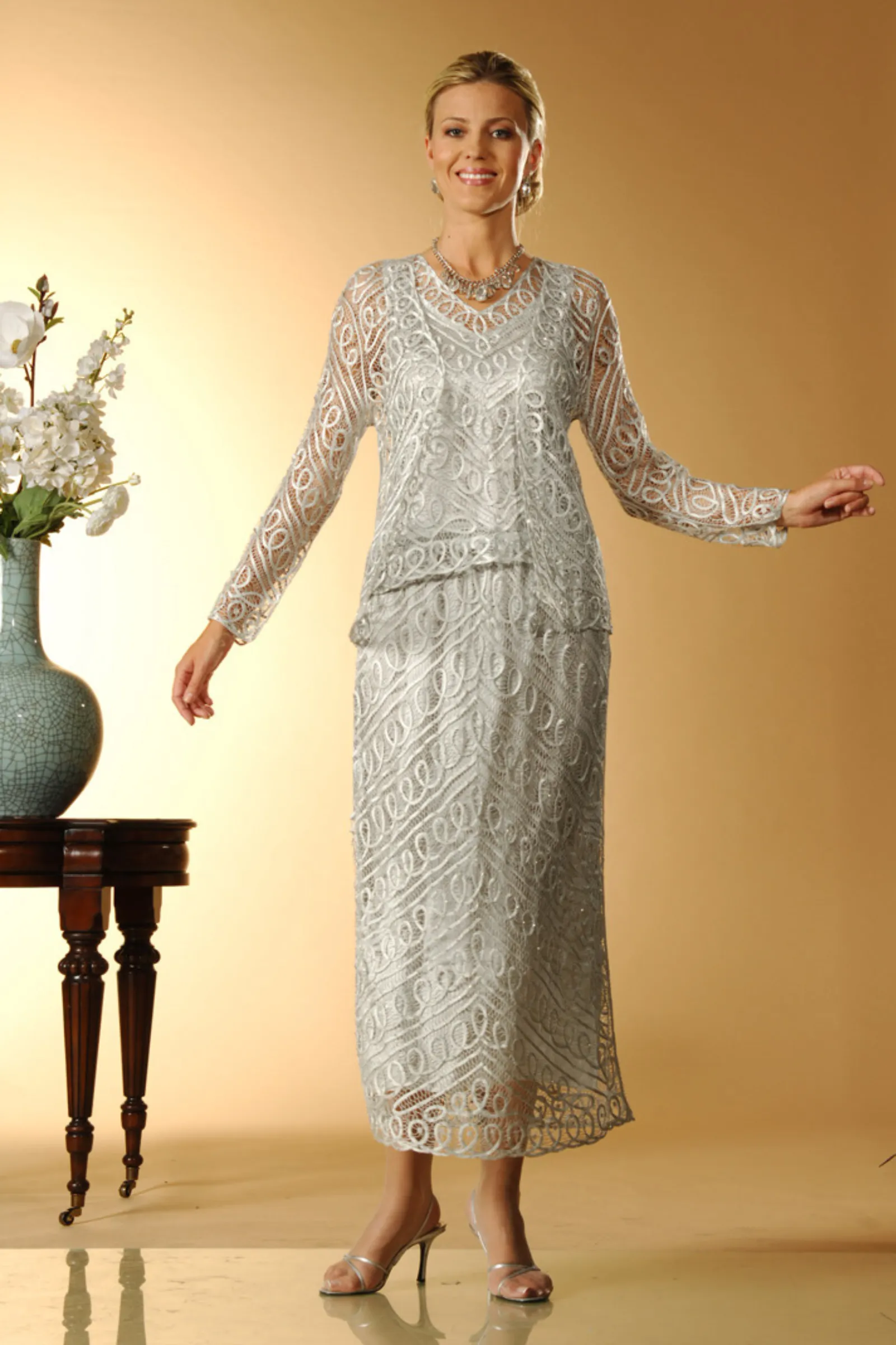 Soulmates C6184 Silk Lace Beaded Jacket Top and Skirt Set