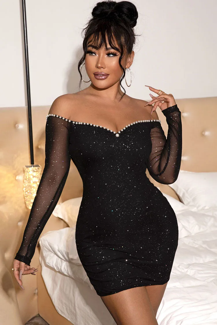 Sparkly Pearl Trim Off Shoulder Long Sleeve Bodycon Mini Dress - Black