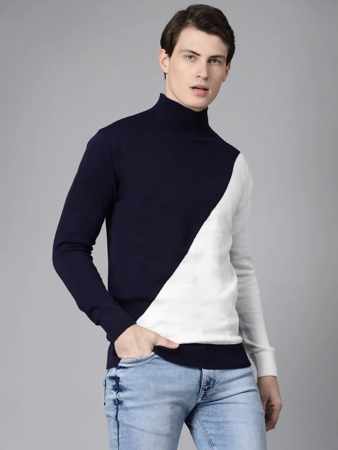 Style Quotient Men Navy Blue White Colourblocked Pullover sweatshirt