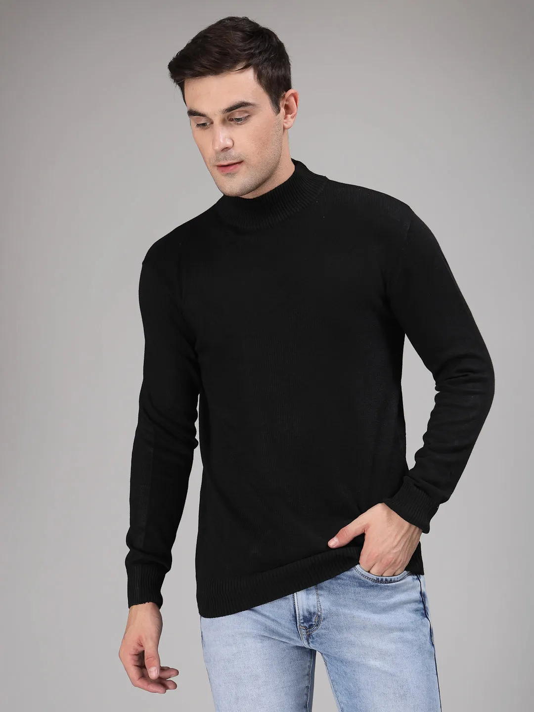 Style Quotient Men Solid Black Knitted Regular Sweater