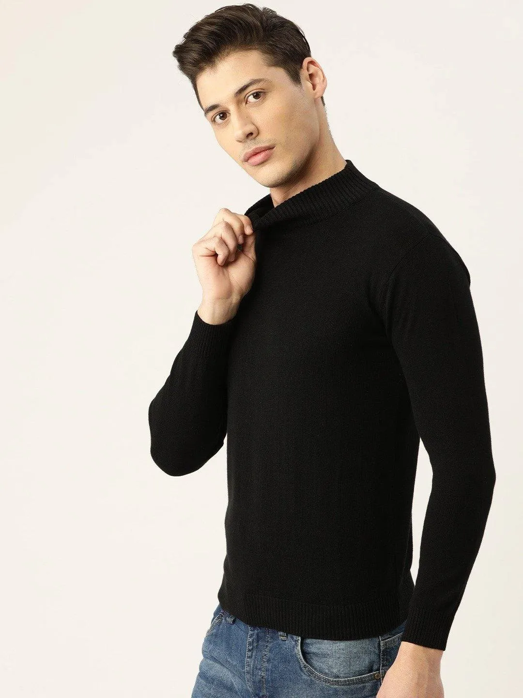 Style Quotient Men Solid Black Knitted Regular Sweatshirt