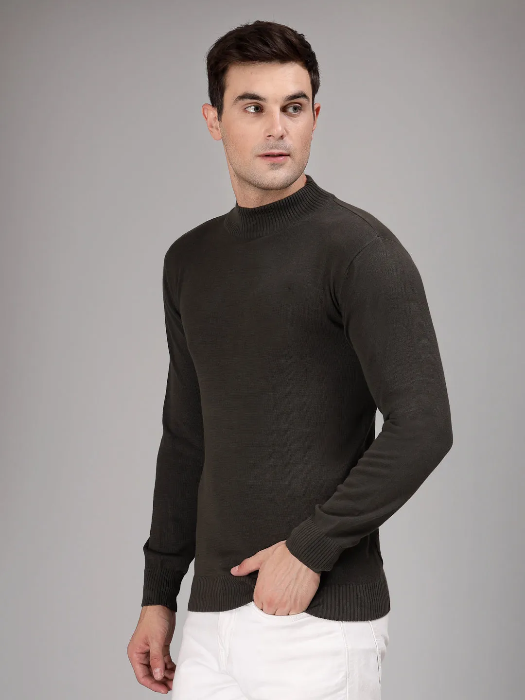 Style Quotient Men Solid Dark Green Knitted Regular Sweater