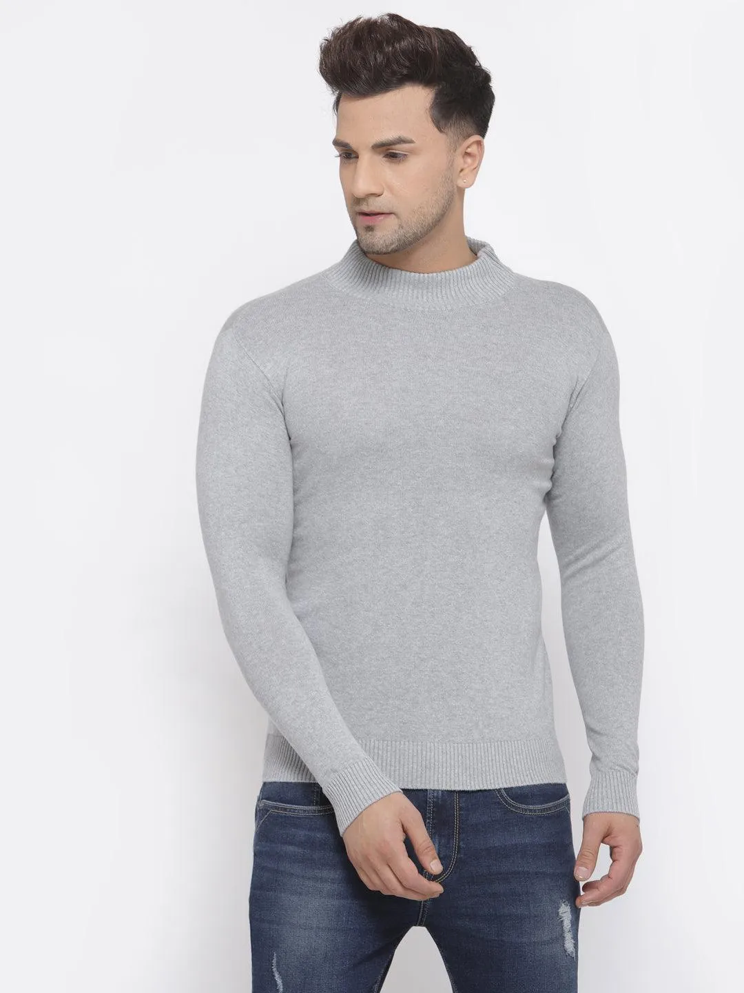 Style Quotient Men Solid Grey Knitted Regular Sweatshirt