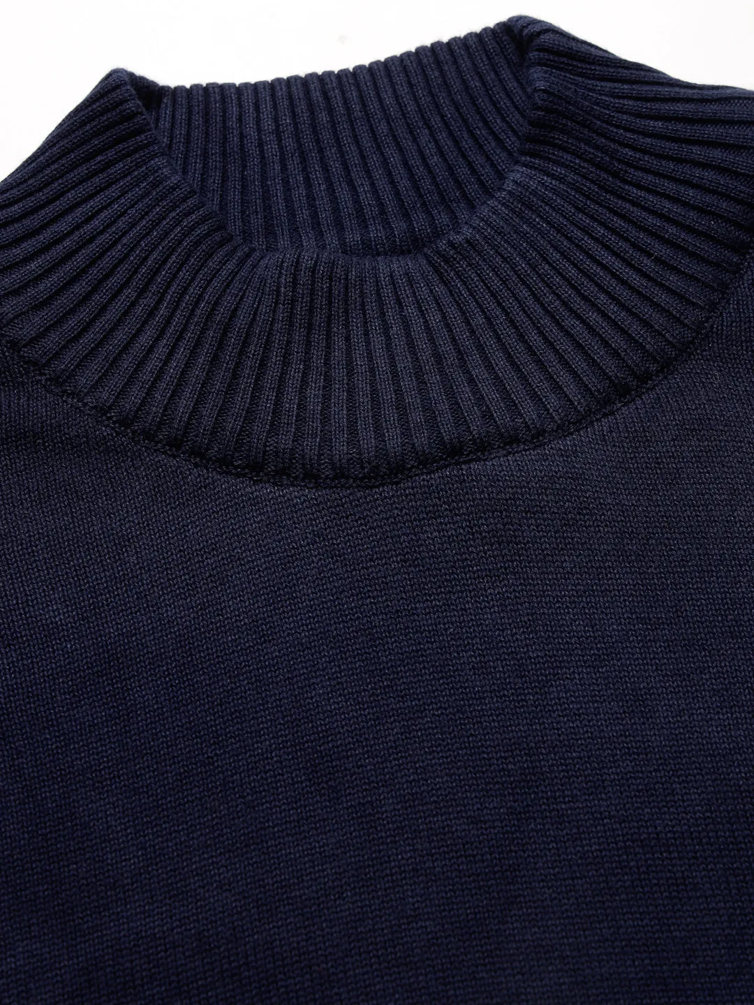 Style Quotient Men Solid Navy Knitted Regular Sweater