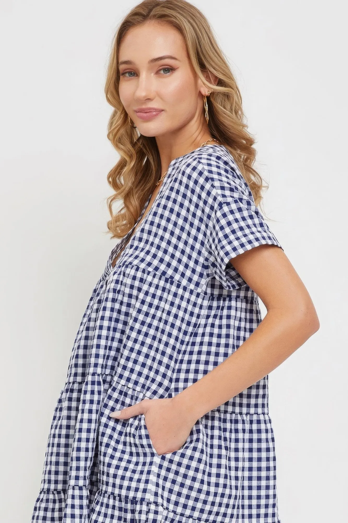 Stylish Summer Navy Gingham Bodydoll Dress for Women