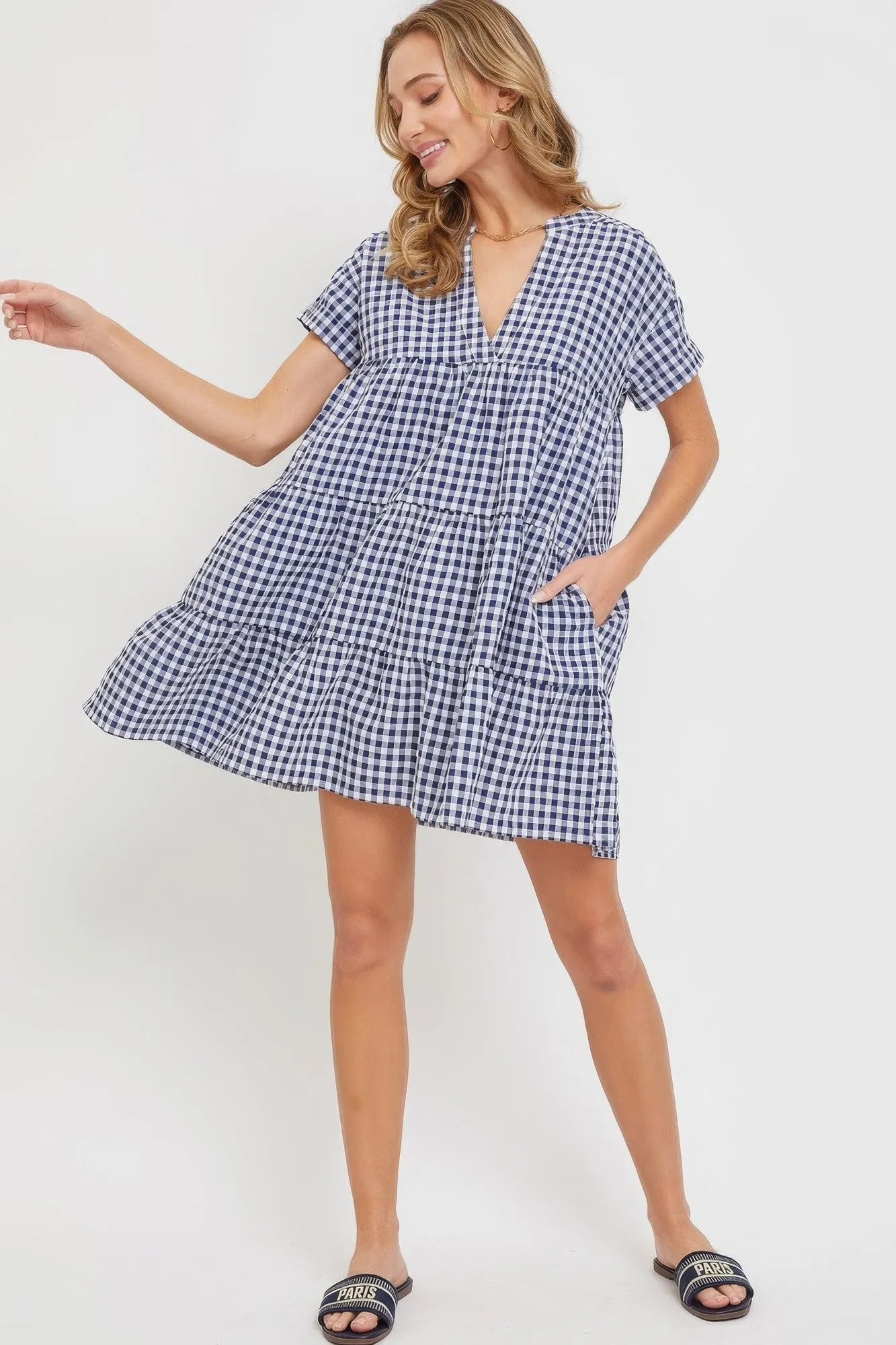 Stylish Summer Navy Gingham Bodydoll Dress for Women