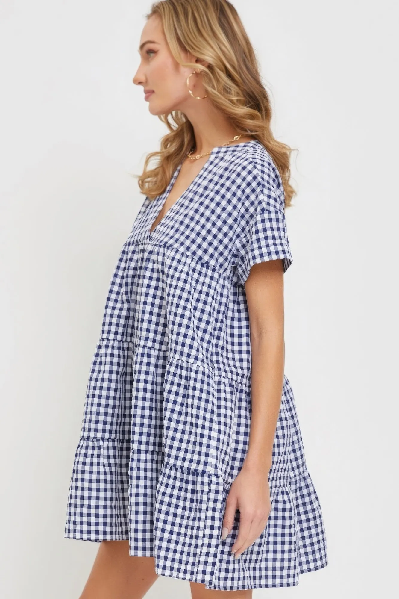 Stylish Summer Navy Gingham Bodydoll Dress for Women