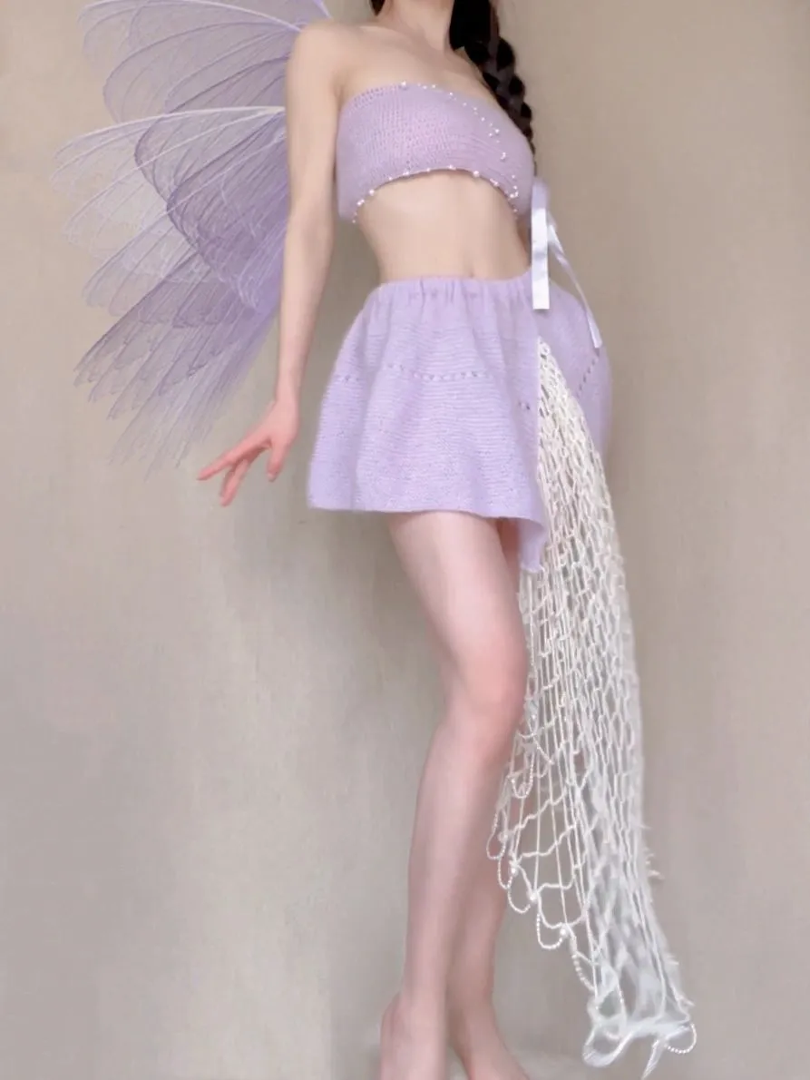 [Tailor Made] Lavender Dream Fairy Style Knitting Set with glass Pearl on bralette and skirt