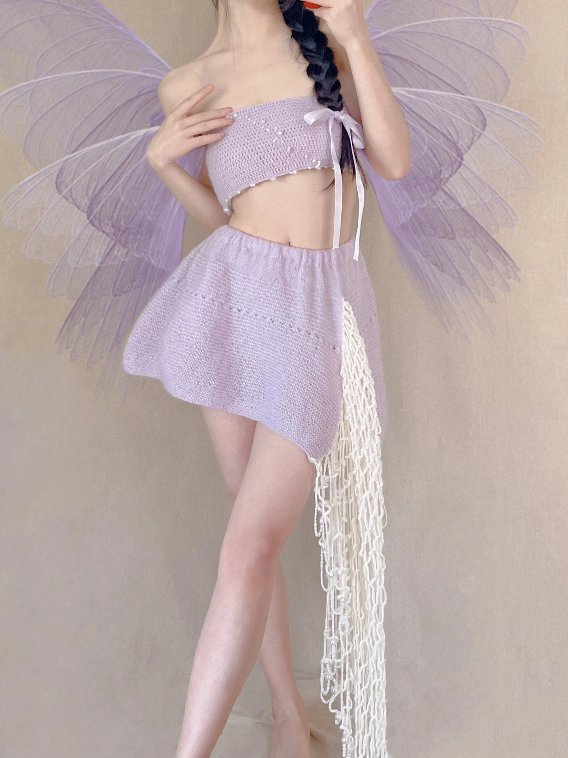 [Tailor Made] Lavender Dream Fairy Style Knitting Set with glass Pearl on bralette and skirt