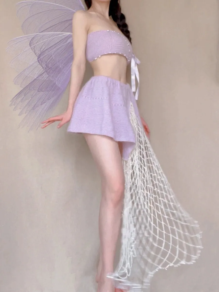 [Tailor Made] Lavender Dream Fairy Style Knitting Set with glass Pearl on bralette and skirt