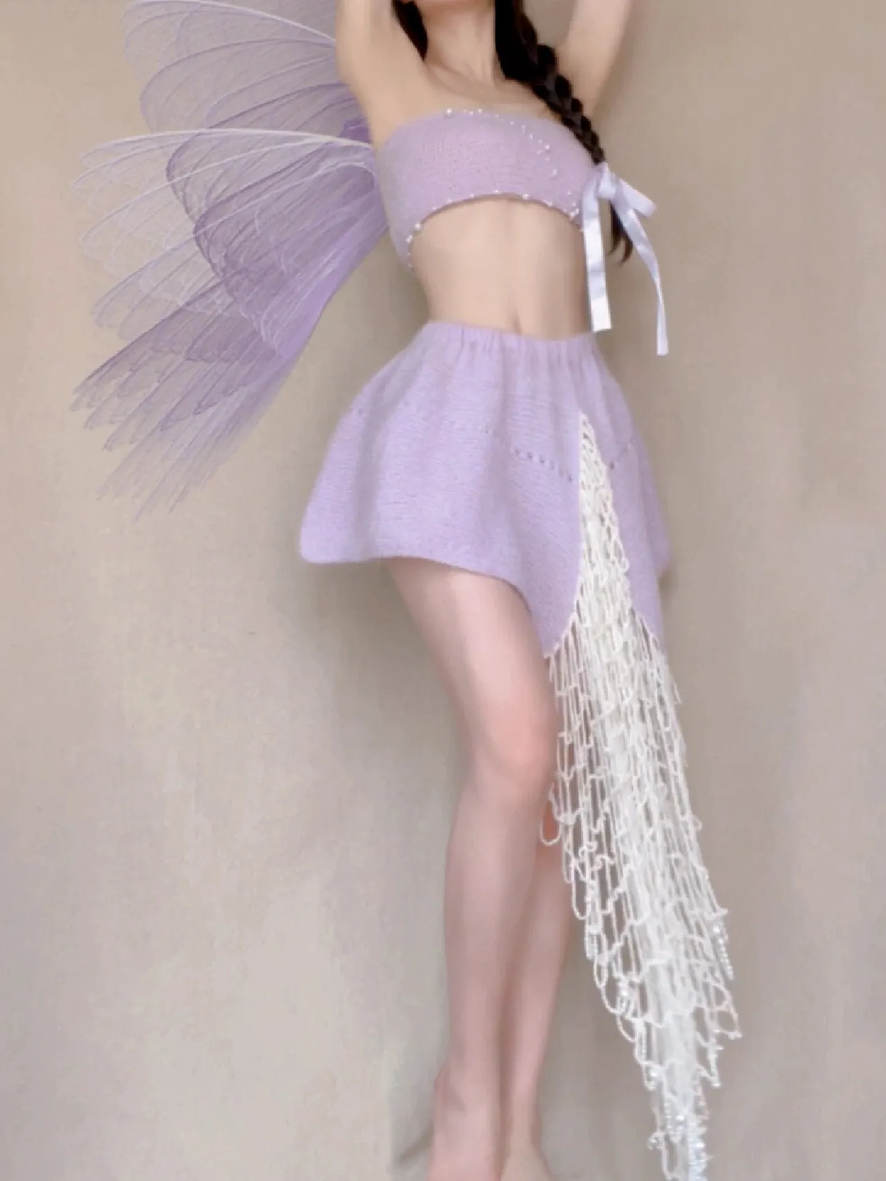 [Tailor Made] Lavender Dream Fairy Style Knitting Set with glass Pearl on bralette and skirt