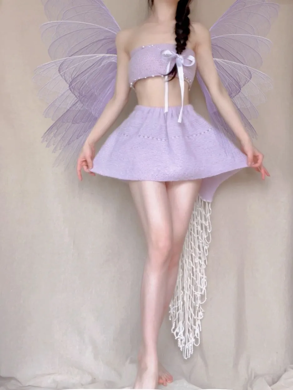 [Tailor Made] Lavender Dream Fairy Style Knitting Set with glass Pearl on bralette and skirt