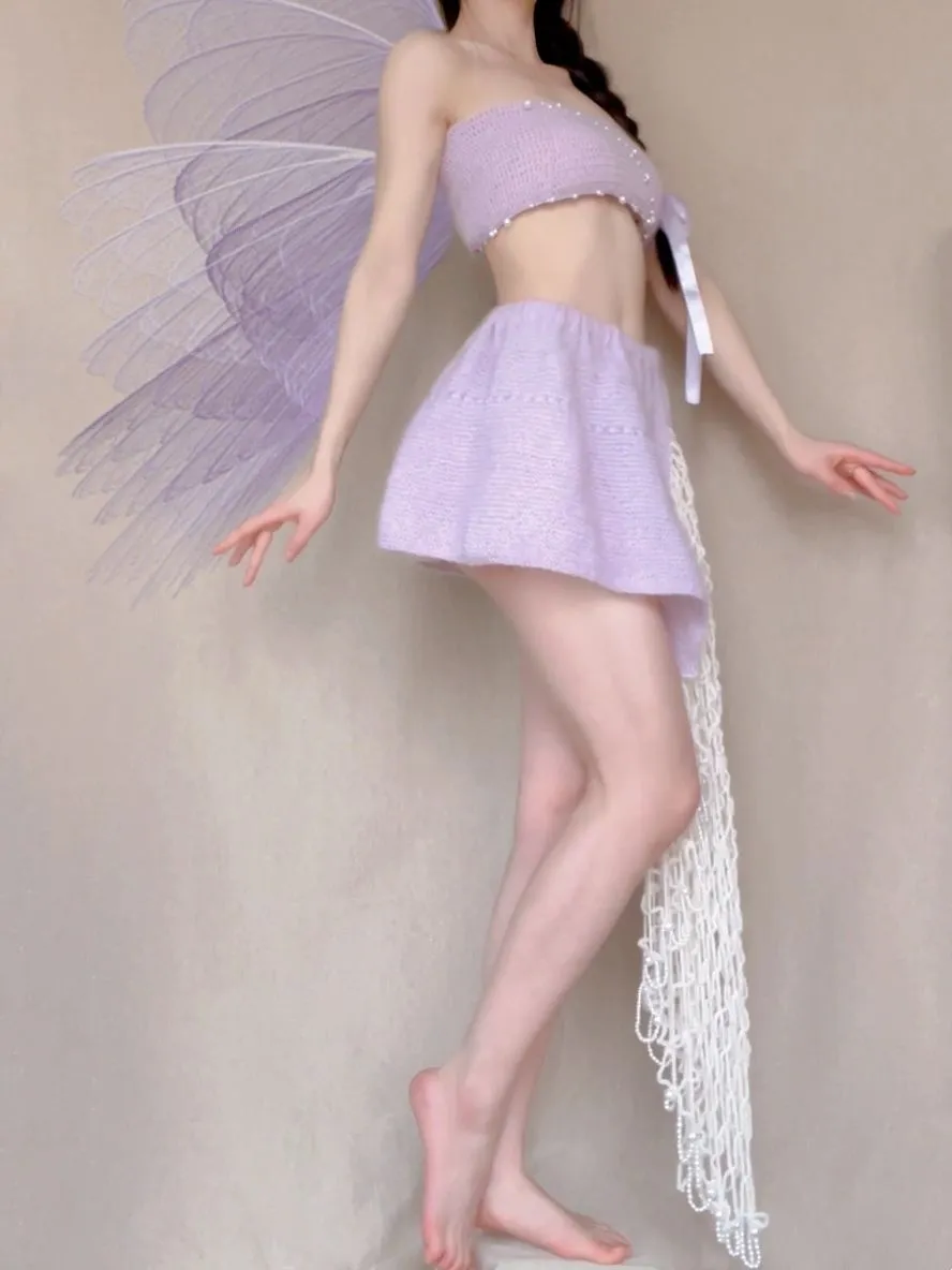 [Tailor Made] Lavender Dream Fairy Style Knitting Set with glass Pearl on bralette and skirt