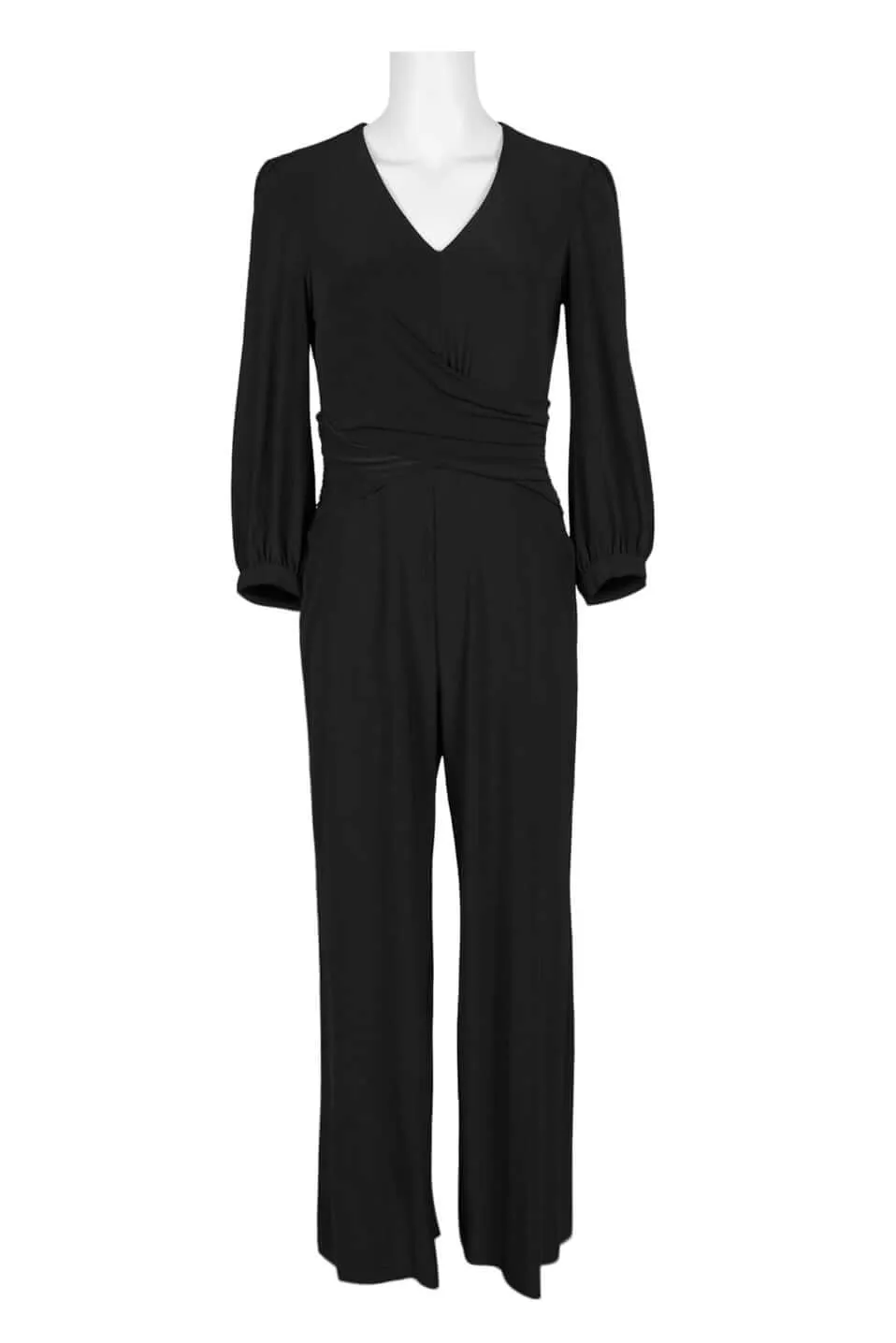 Taylor V-Neck Long Sleeve Ruched Zipper Back Solid Jersey Jumpsuit