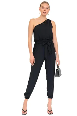 TEEK - Black Sleeveless One Shoulder Waist Tie Jumpsuit