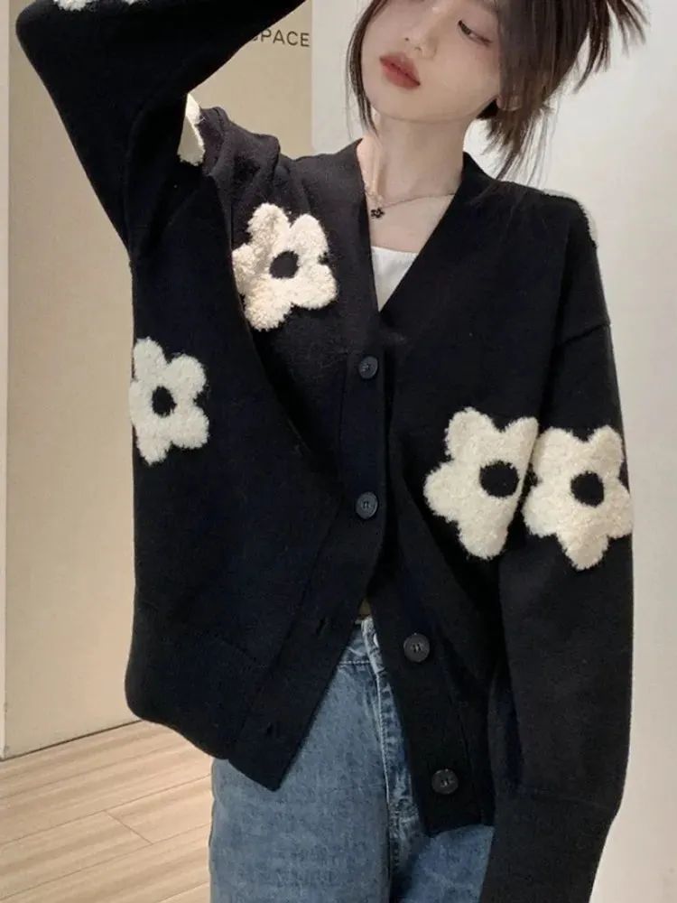 Territory Floral Cardigan Women Autumn Winter Knitted Sweater Female Korean Preppy Style Coat Ladies Casual Loose Cardigans Streetwear