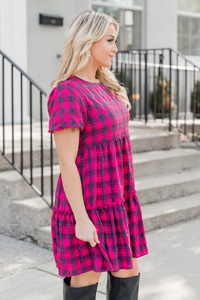 The Thrill Of It Pink and Black Plaid Short Sleeve Babydoll Dress FINAL SALE