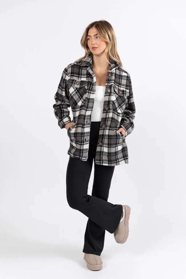 Through The Leaves Black Plaid Sherpa Shacket SALE