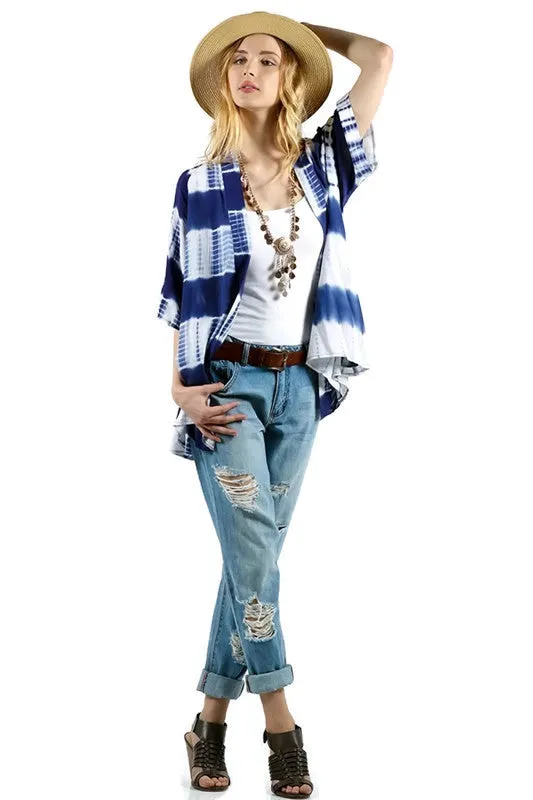 Tie Dye Kimono with Lace Crochet Back, Blue