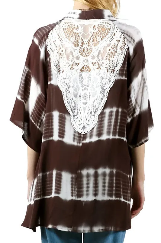 Tie Dye Kimono with Lace Crochet Back, Olive