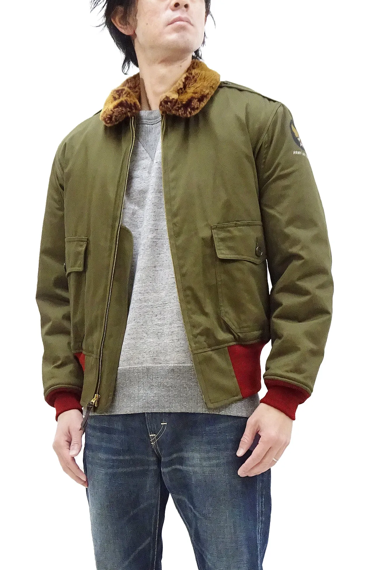 TOYS McCOY Jacket Men's Reproduction Of USAAF B-10 Flight Jacket Red Rib B10 Cotton Bomber Jacket Olive TMJ2329