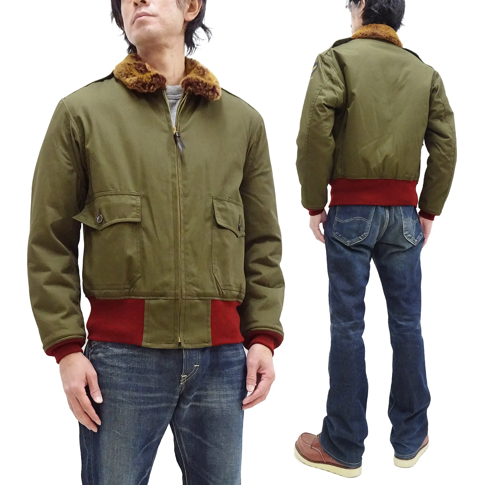 TOYS McCOY Jacket Men's Reproduction Of USAAF B-10 Flight Jacket Red Rib B10 Cotton Bomber Jacket Olive TMJ2329