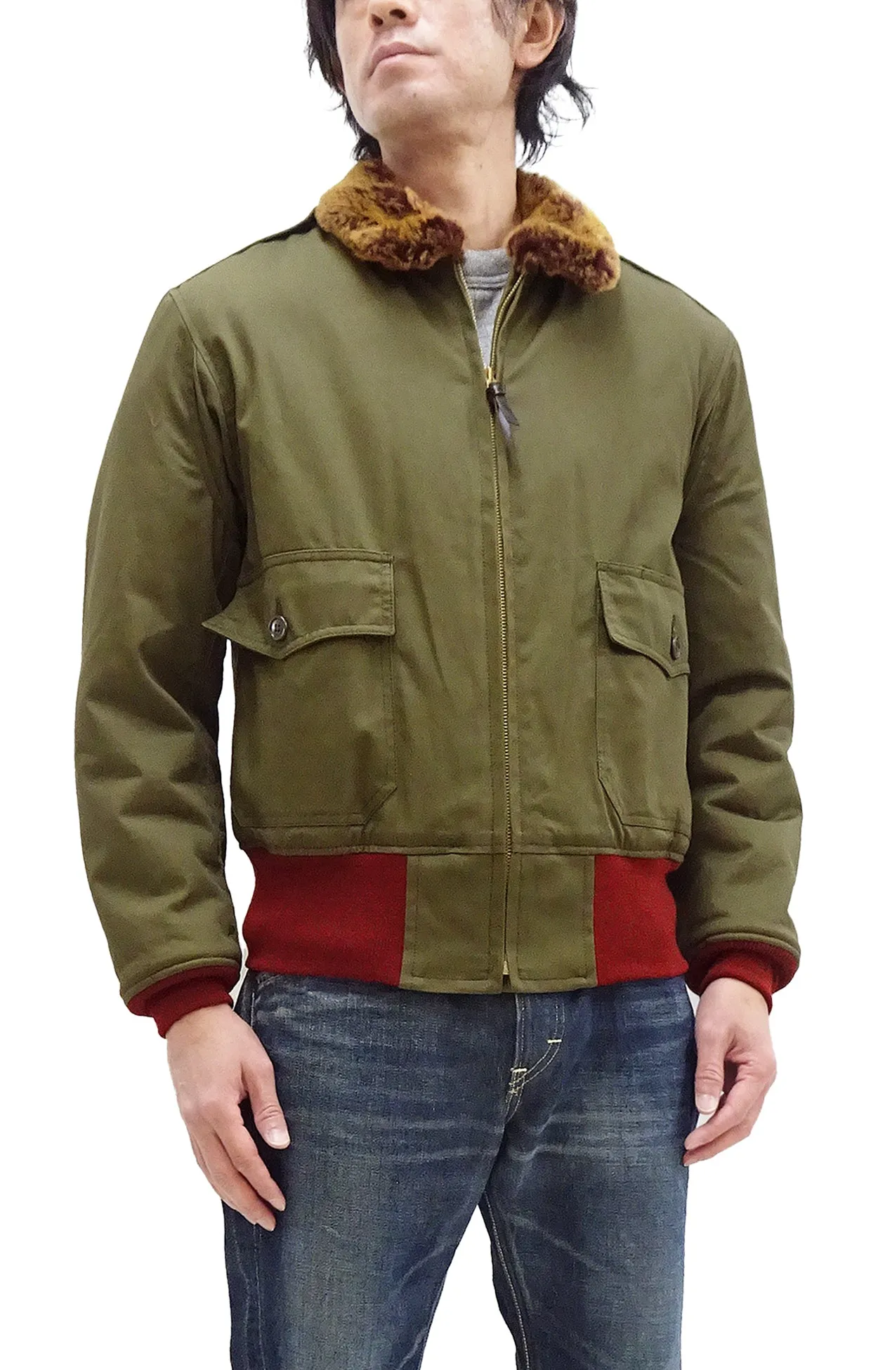 TOYS McCOY Jacket Men's Reproduction Of USAAF B-10 Flight Jacket Red Rib B10 Cotton Bomber Jacket Olive TMJ2329