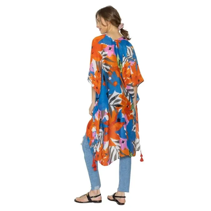 Turquoise Tropical Floral Tassel Kimono