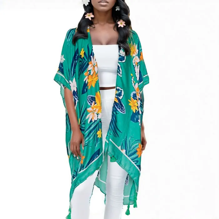 Turquoise Tropical Floral Tassel Kimono