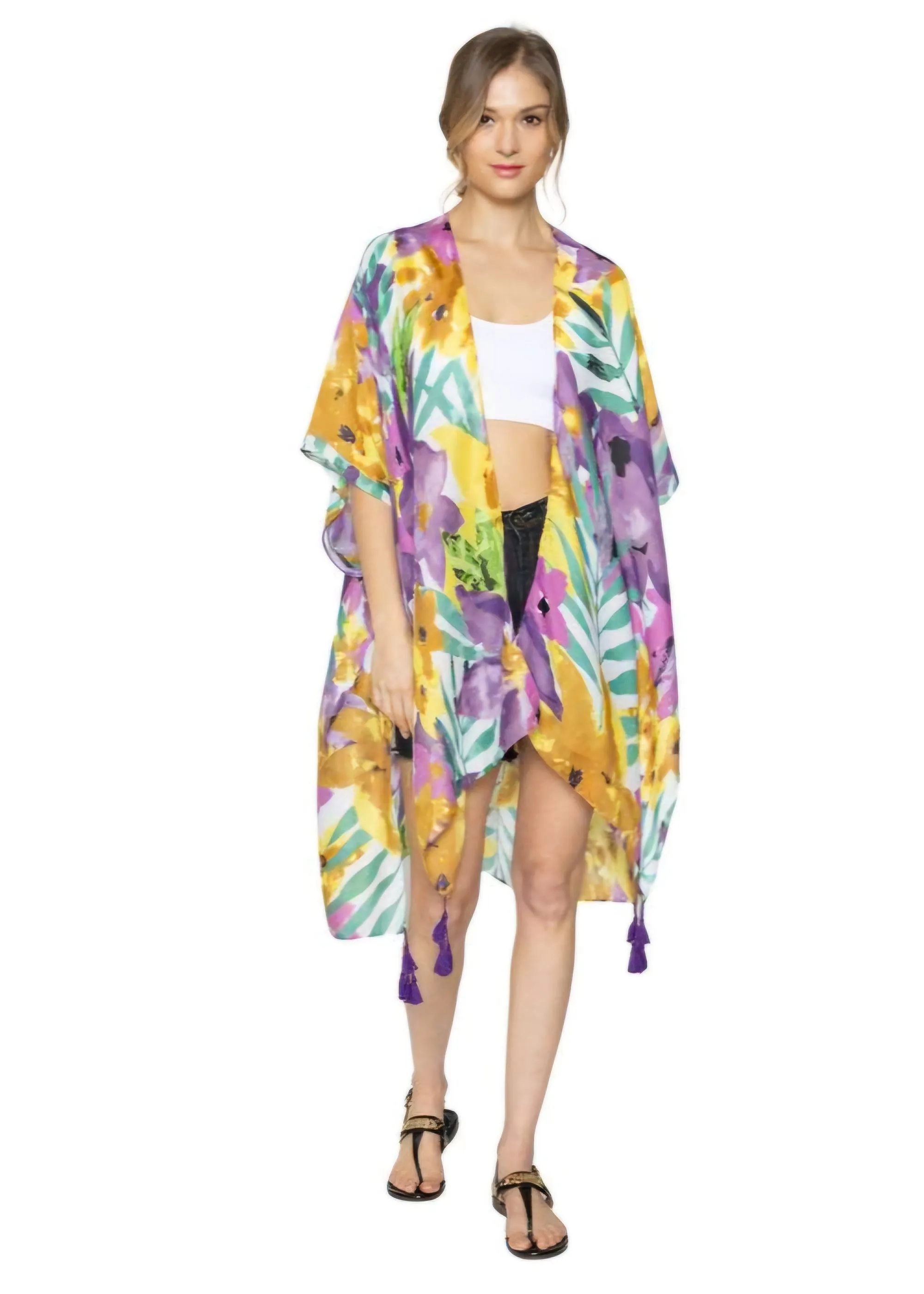 Turquoise Tropical Floral Tassel Kimono