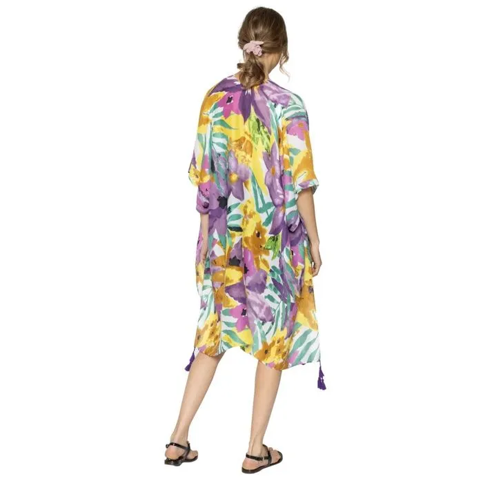 Turquoise Tropical Floral Tassel Kimono