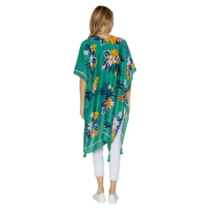 Turquoise Tropical Floral Tassel Kimono