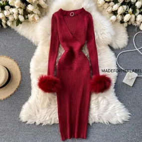 V Neck Knitted Bodycon Dress