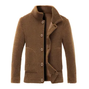 Warm Solid Brown Button Turn-Down Collar Male Coat