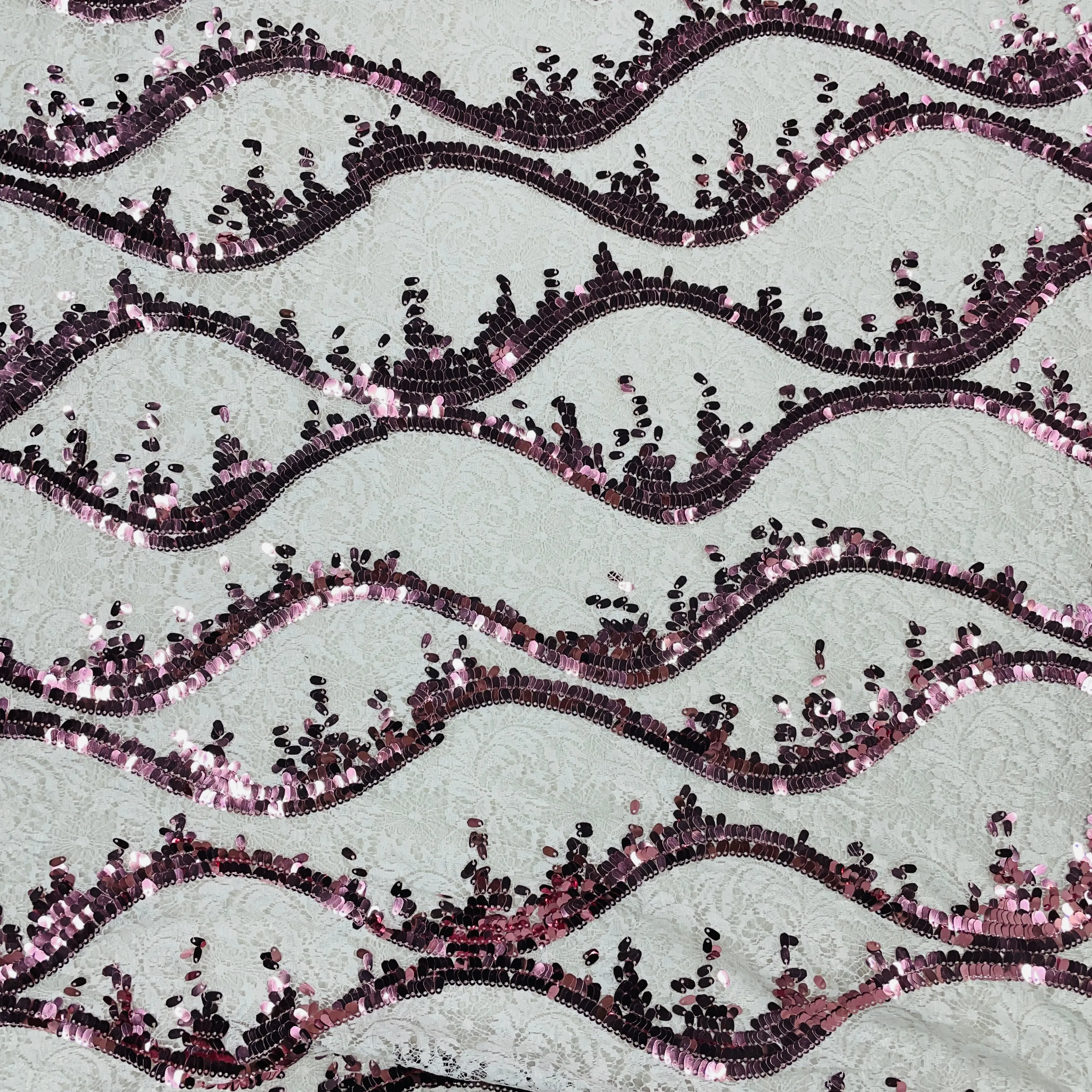 White Pink Lace Sequins Fabric