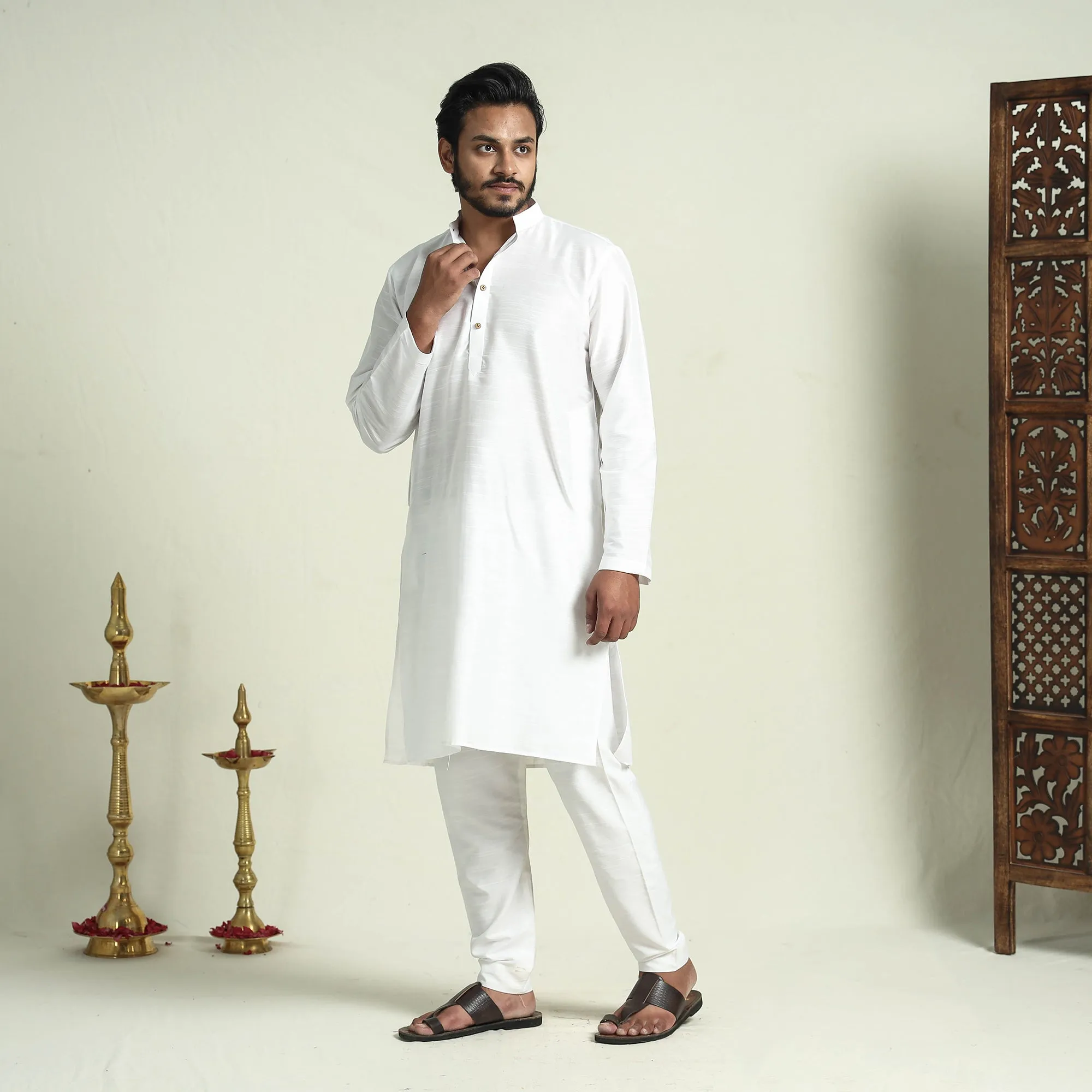 White - Plain Dyed Slub Silk Men Long Kurta